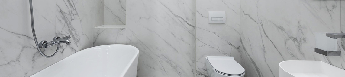 Creamy White Quartz Shower Walls with Gray Veins